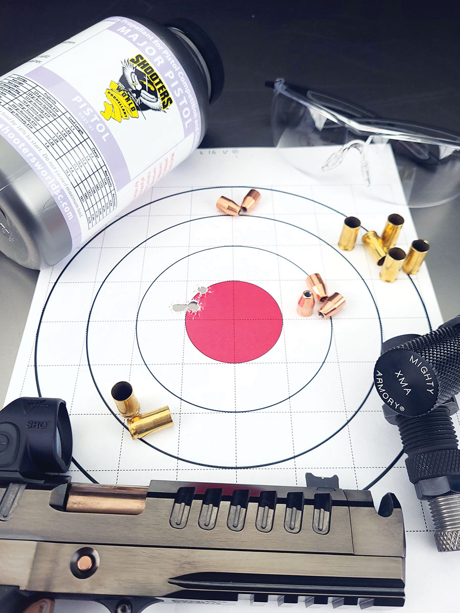 Shooters World Major Pistol turned in an impressive .52-inch group using 124-grain Hornady XTP bullets. This powder closely  duplicated Accurate No. 7 performance in the 9mm Luger.